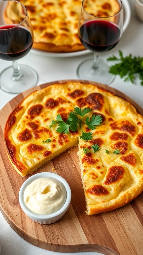 A golden brown Spanish tortilla sliced into wedges, garnished with parsley, served with aioli on a rustic table.